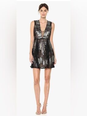 BCBGMaxAzria Julissa Black Sequin Lace V-Neck Mini Dress